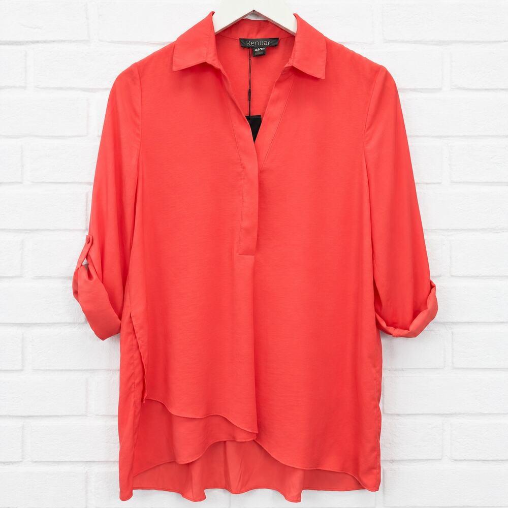Renuar Asymmetrical Hem Tunic Top Coral Pink Size XS Roll Tab Sleeve New Boxy